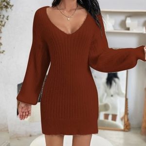 Lantern Sleeve Fitted Sweater Dress
